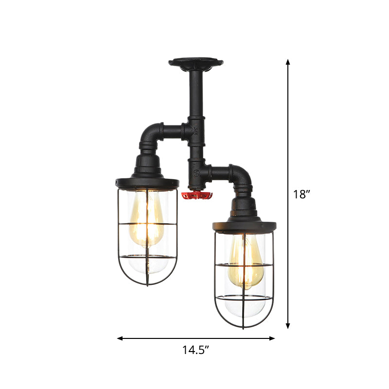 2-Bulbs Flushmount Farmhouse Wire Cage Clear Glass Semi-Flush Ceiling Fixture in Black