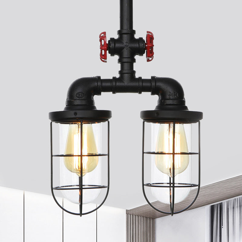 2-Bulbs Flushmount Bauernhaus Drahtkäfig Clear Glass Halbblus-Deckenbehandlung in Schwarz