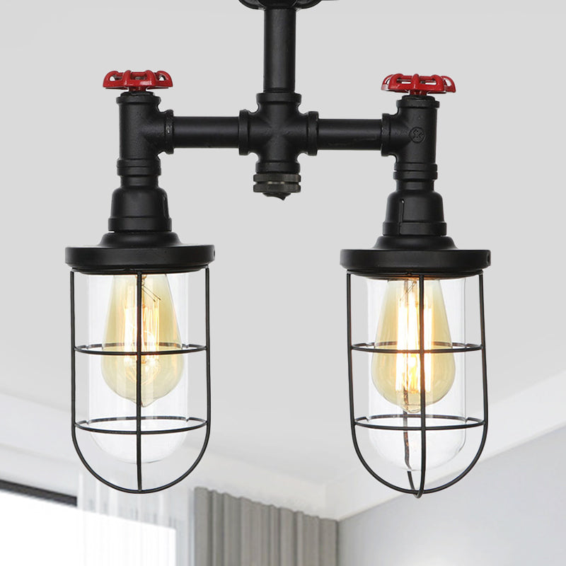 2-Bulbs Flushmount Farmhouse Wire Cage Clear Glass Semi-Flush Ceiling Fixture in Black