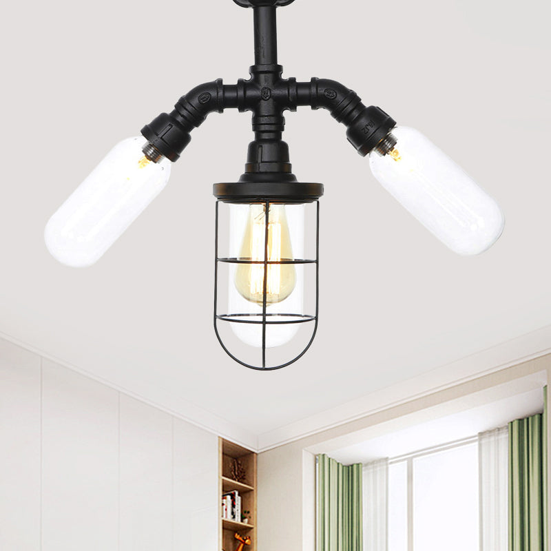 Verouderde bal/capsule semi-flush plafondlicht 3 lampen helder glas spoelige gemonteerde lamp in zwart met kooi