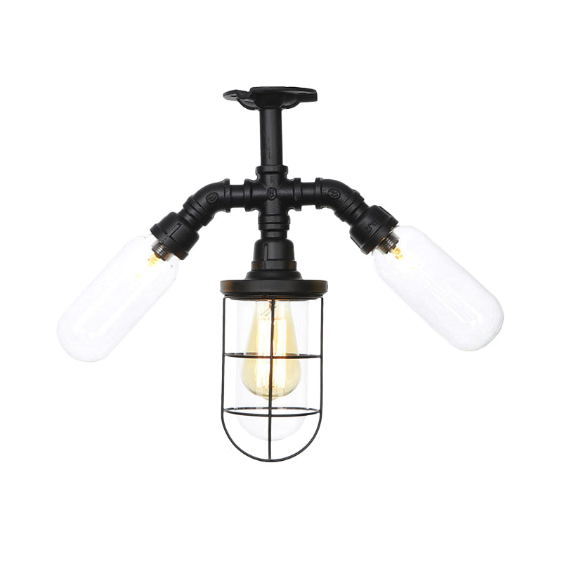 Boule / capsule Verbe à plafond semi-clusée 3 ampoules en verre transparent lampe montée à chasse d'eau en noir avec cage