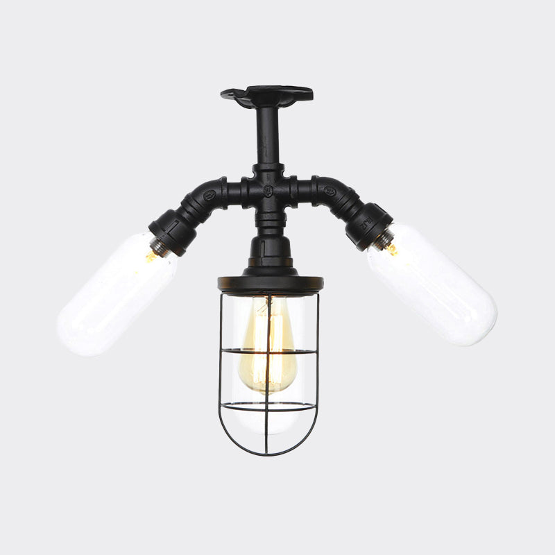 Verouderde bal/capsule semi-flush plafondlicht 3 lampen helder glas spoelige gemonteerde lamp in zwart met kooi