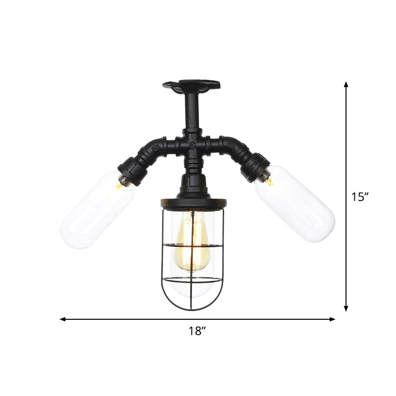 Antiqued Ball/Capsule Semi-Flush Ceiling Light 3 Bulbs Clear Glass Flush Mounted Lamp in Black with Cage