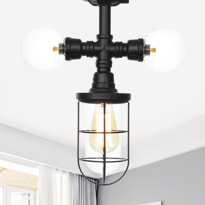 Antiqued Ball/Capsule Semi-Flush Ceiling Light 3 Bulbs Clear Glass Flush Mounted Lamp in Black with Cage