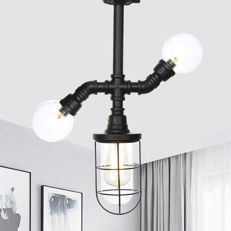 Antiqued Ball/Capsule Semi-Flush Ceiling Light 3 Bulbs Clear Glass Flush Mounted Lamp in Black with Cage