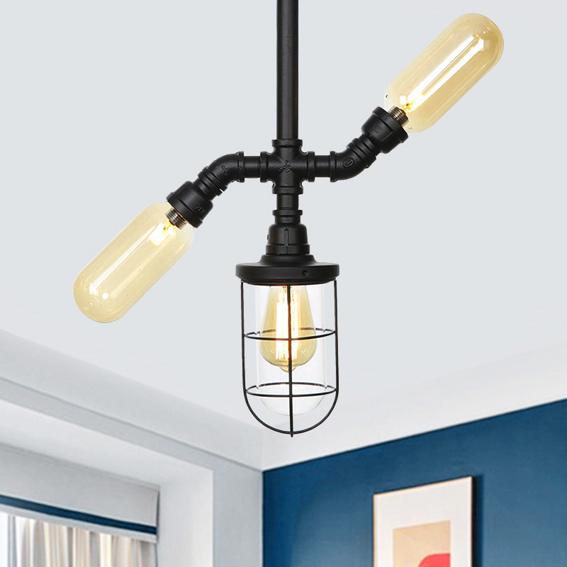 Clear Glass Ball/Capsule Flush Light Industrial 3-Head Foyer Semi Flush Mount in Black with Cage