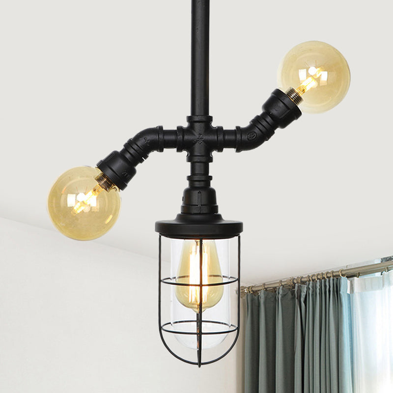 Clear Glass Ball/Capsule Flush Light Industrial 3-Head Foyer Semi Flush Mount in Black with Cage