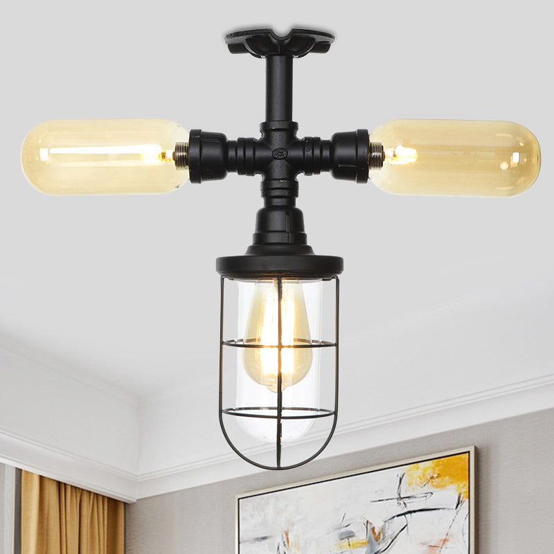 Clear Glass Ball/Capsule Flush Light Industrial 3-Head Foyer Semi Flush Mount in Black with Cage