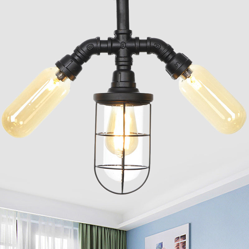 Clear Glass Ball/Capsule Flush Light Industrial 3-Head Foyer Semi Flush Mount in Black with Cage