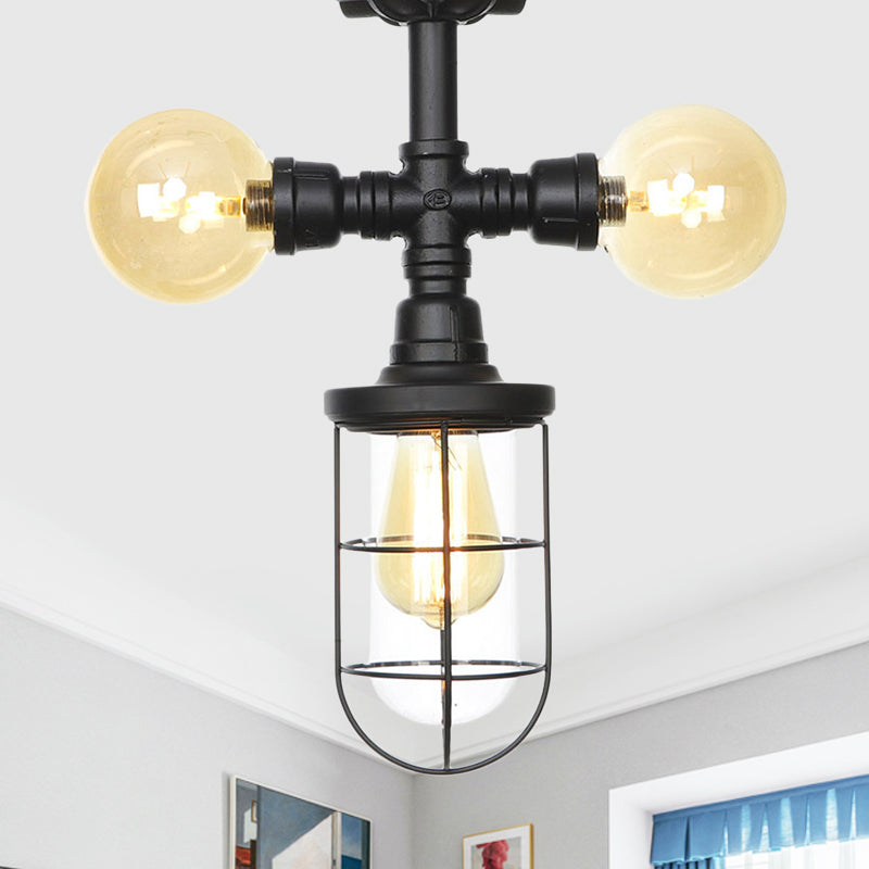 Clear Glass Ball/Capsule Flush Light Industrial 3-Head Foyer Semi Flush Mount in Black with Cage