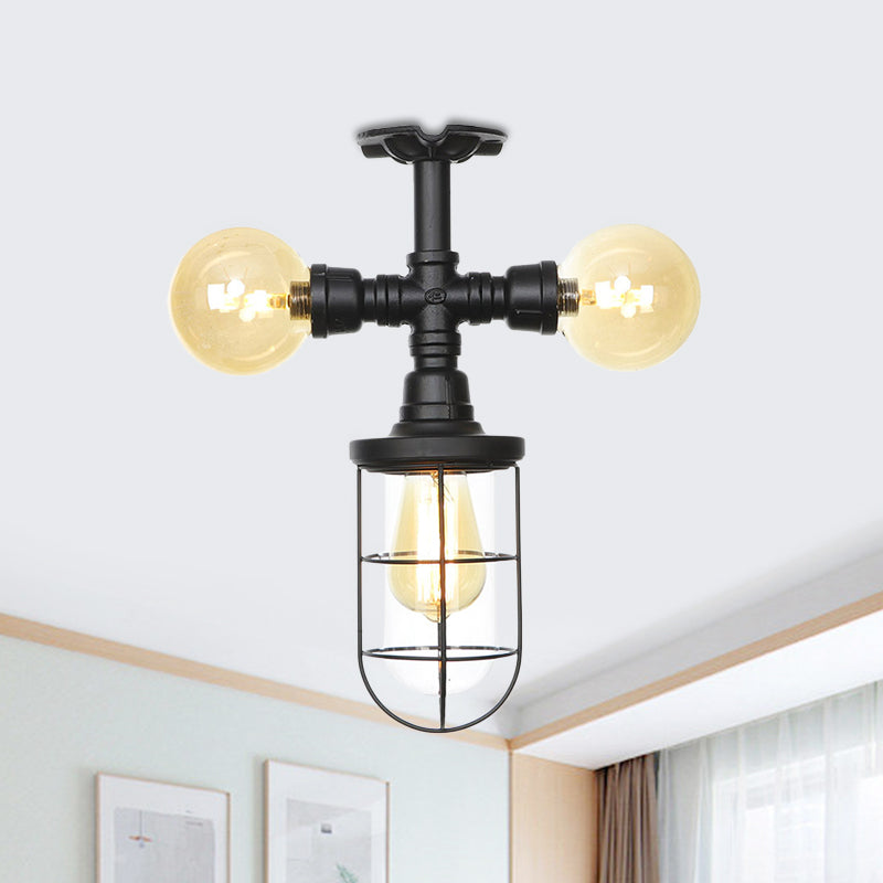 Clear Glass Ball/Capsule Flush Light Industrial 3-Head Foyer Semi Flush Mount in Black with Cage