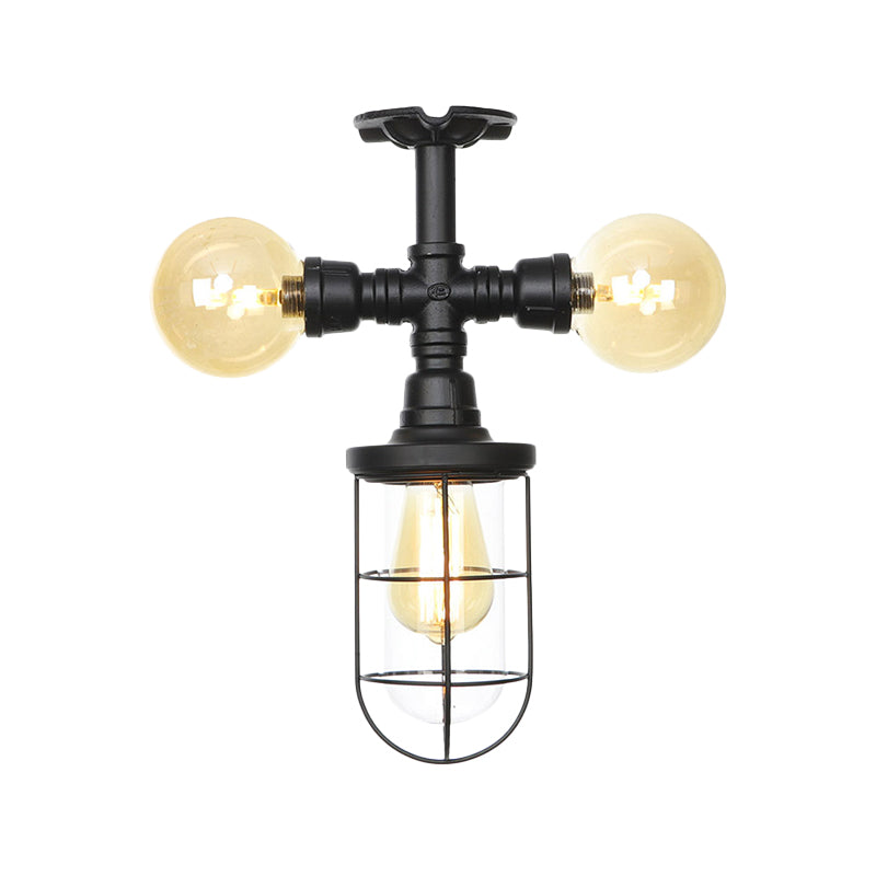 Clear Glass Ball/Capsule Flush Light Industrial 3-Head Foyer Semi Flush Mount in Black with Cage