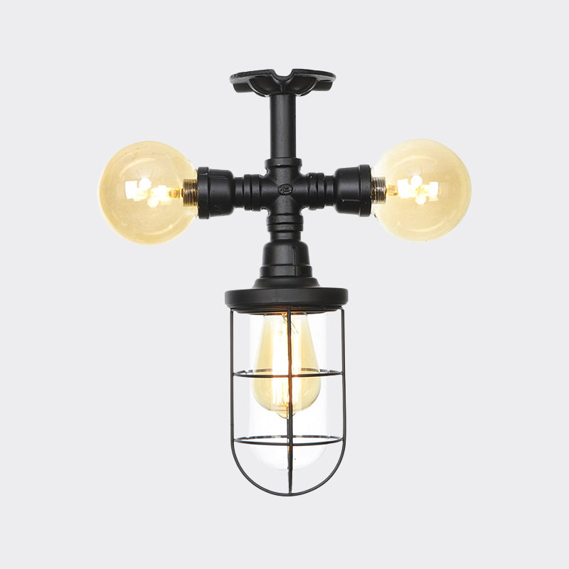 Clear Glass Ball/Capsule Flush Light Industrial 3-Head Foyer Semi Flush Mount in Black with Cage