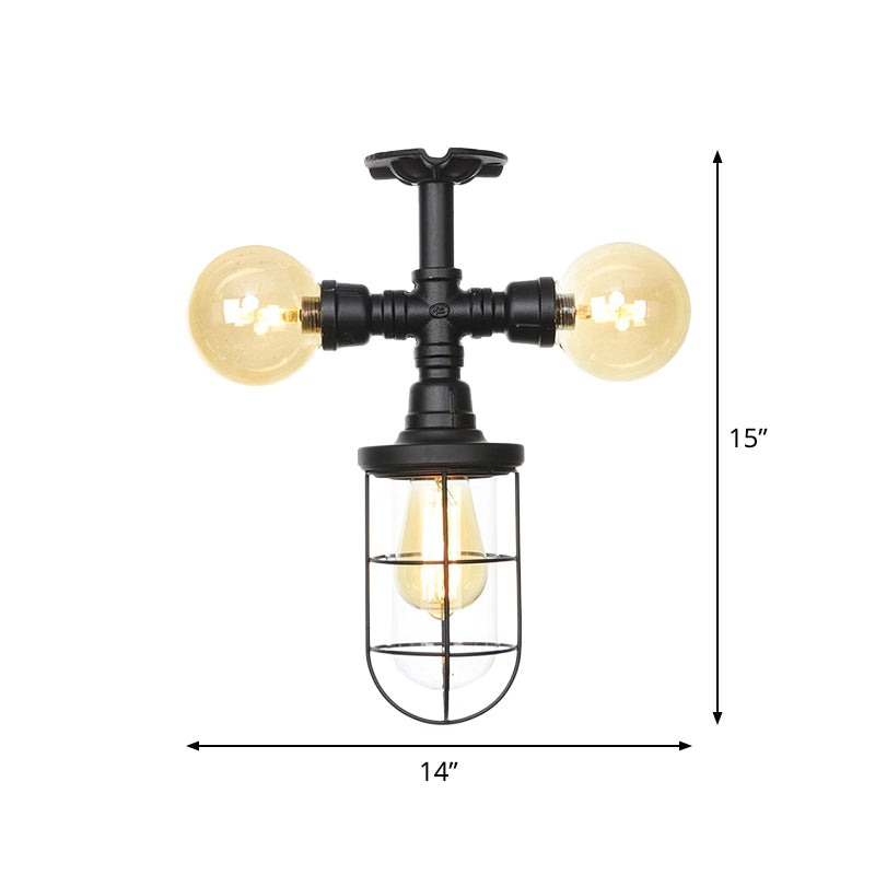 Clear Glass Ball/Capsule Flush Light Industrial 3-Head Foyer Semi Flush Mount in Black with Cage