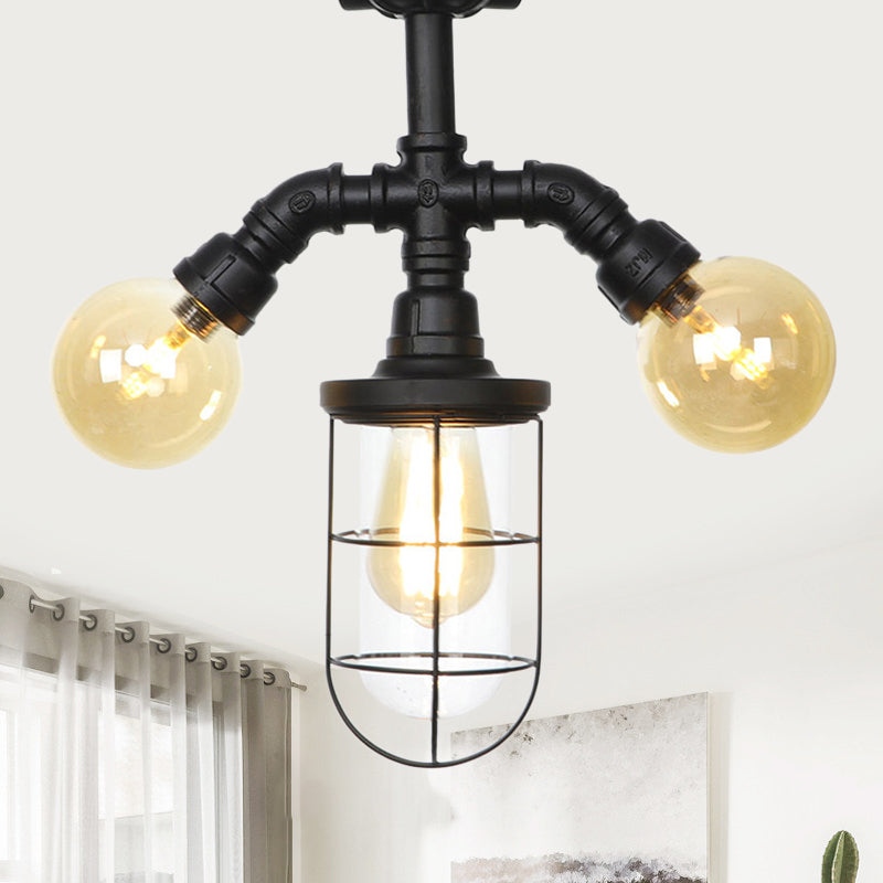 Clear Glass Ball/Capsule Flush Light Industrial 3-Head Foyer Semi Flush Mount in Black with Cage