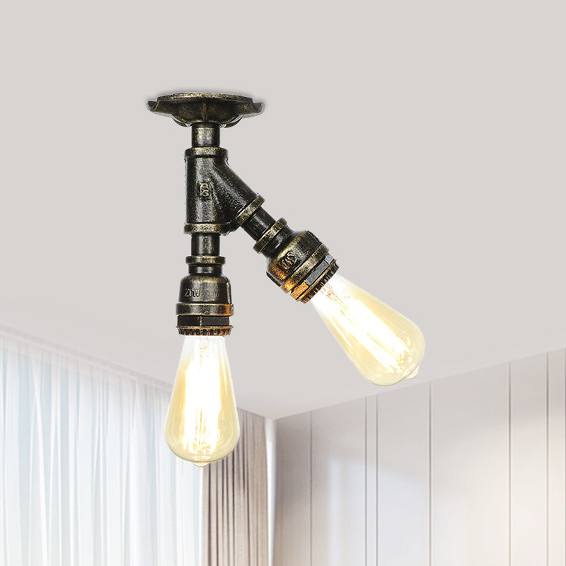 Bronze 2 lumières Semi Flush Lightture Industrial Bare Bare Bulb Flush Mount Plafond Lampe