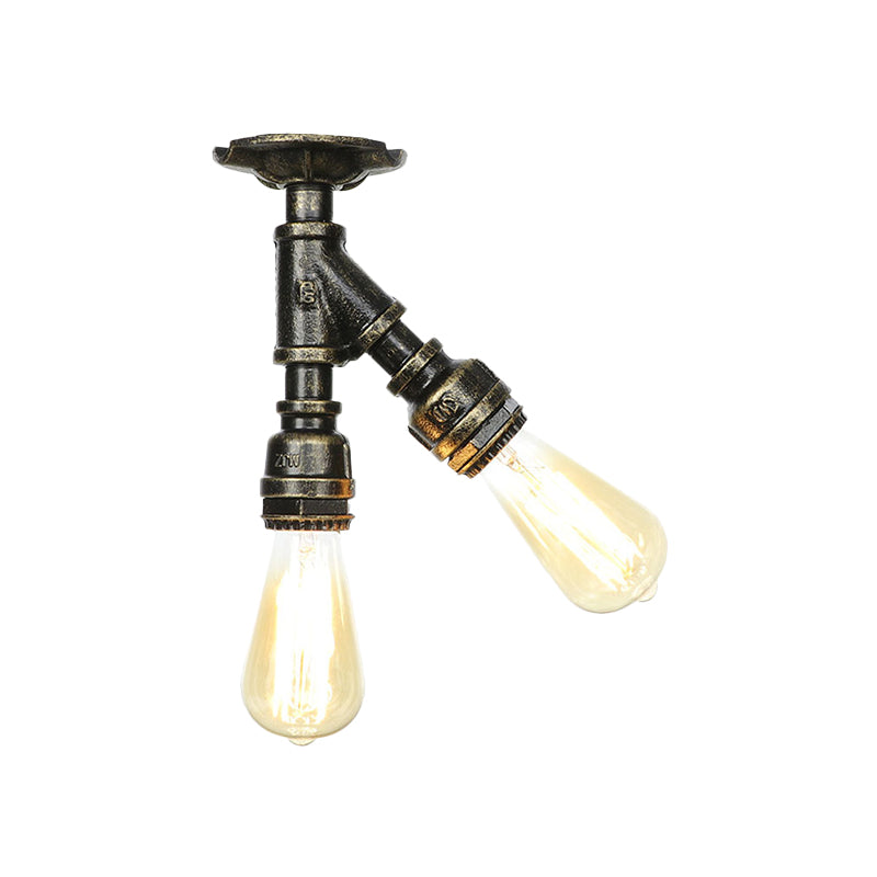 Bronze 2 lumières Semi Flush Lightture Industrial Bare Bare Bulb Flush Mount Plafond Lampe