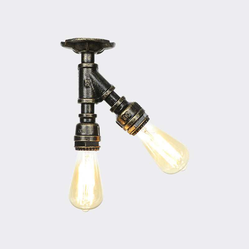 Bronze 2 lumières Semi Flush Lightture Industrial Bare Bare Bulb Flush Mount Plafond Lampe