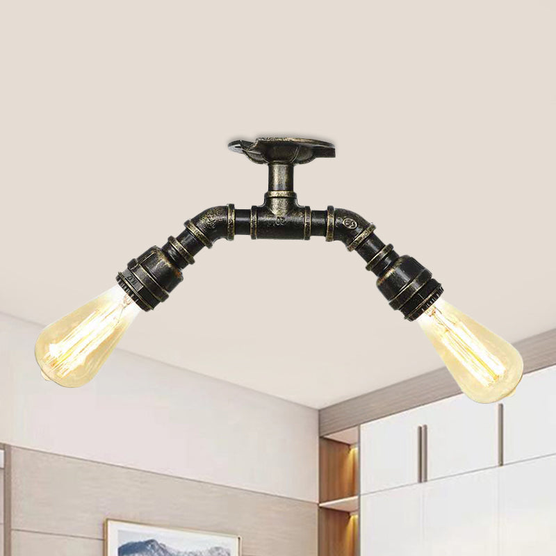 Bronze 2 lumières Semi Flush Lightture Industrial Bare Bare Bulb Flush Mount Plafond Lampe