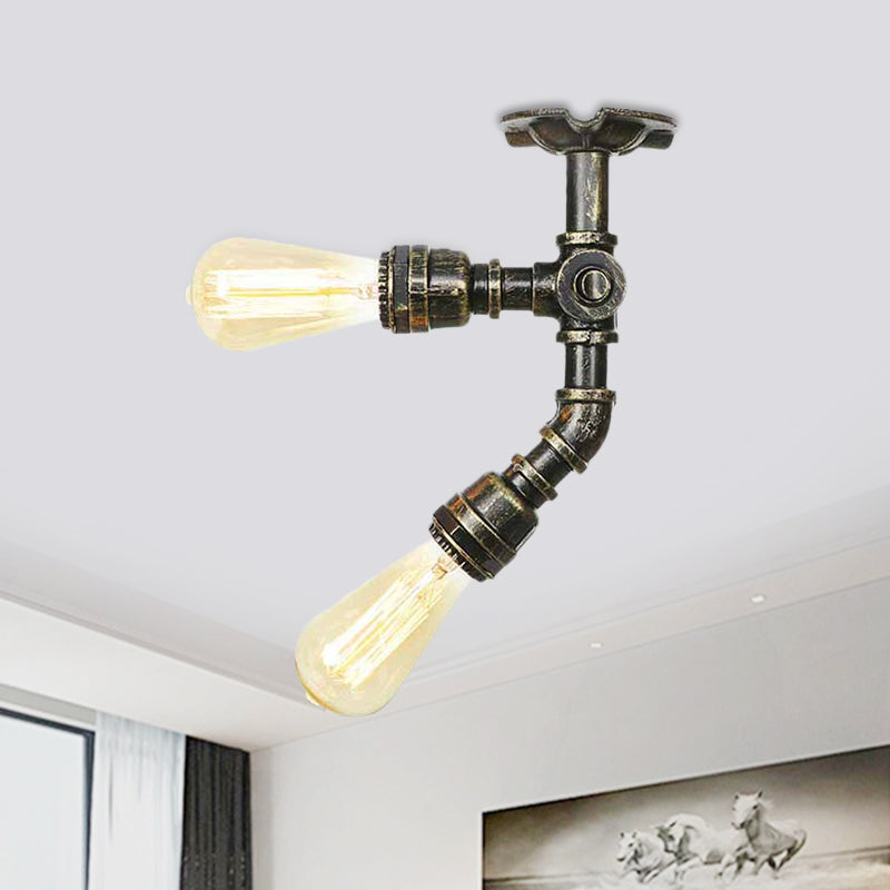 Bronze 2 lumières Semi Flush Lightture Industrial Bare Bare Bulb Flush Mount Plafond Lampe