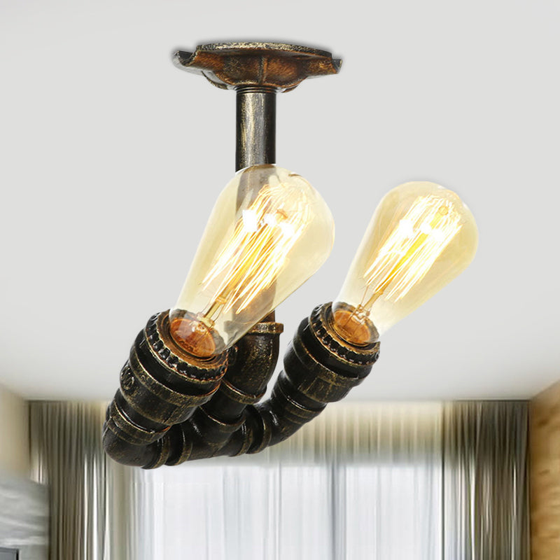 Bronze 2 Lights Semi Flush Light Fixture Industrial Bare Bulb Flush Mount Ceiling Lamp