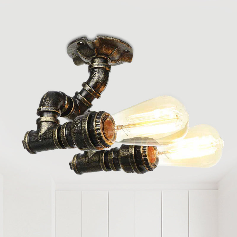 Bronze 2 Lights Semi Flush Light Fixture Industrial Bare Bulb Flush Mount Ceiling Lamp