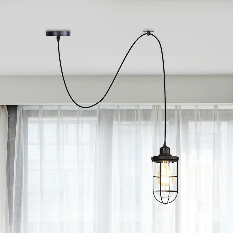 1 Light Hanging Ceiling Light Antiqued Cage Clear Glass Pendant Lamp Fixture in Black with Adjustable Cord