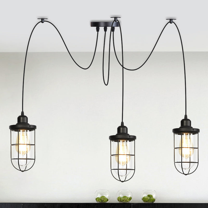 2/3/6 Bulb Verre transparent multiples plafonnier industriel restaurant en cage noir Swag Pendululum lampe