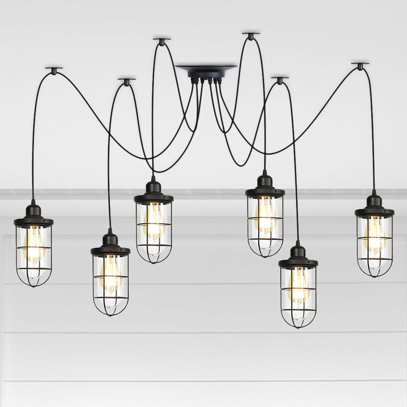 2/3/6-Bulb Clear Glass Multi Ceiling Light Industrial Black Caged Restaurant Swag Pendulum Lamp