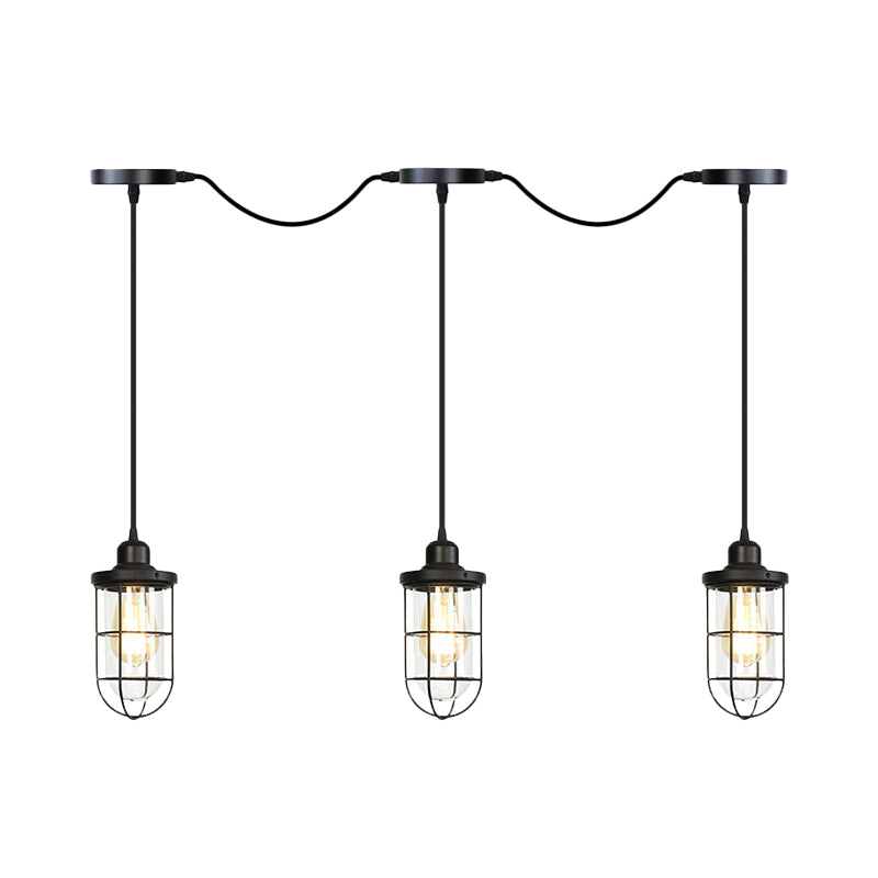 Black 3/5/7 Heads Multi Light Chandelier Farmhouse Clear Glass Cage Tandem Ceiling Lamp