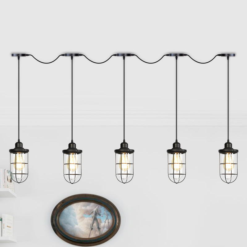 Black 3/5/7 Heads Multi Light Chandelier Farmhouse Clear Glass Cage Tandem Ceiling Lamp