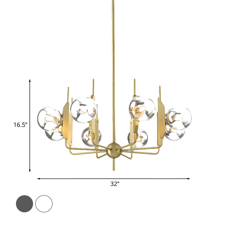 Éclairage de lustre de salon 8-Light Post lampe de plafond en or moderne avec boule de lait blanc / fumée de verre gris