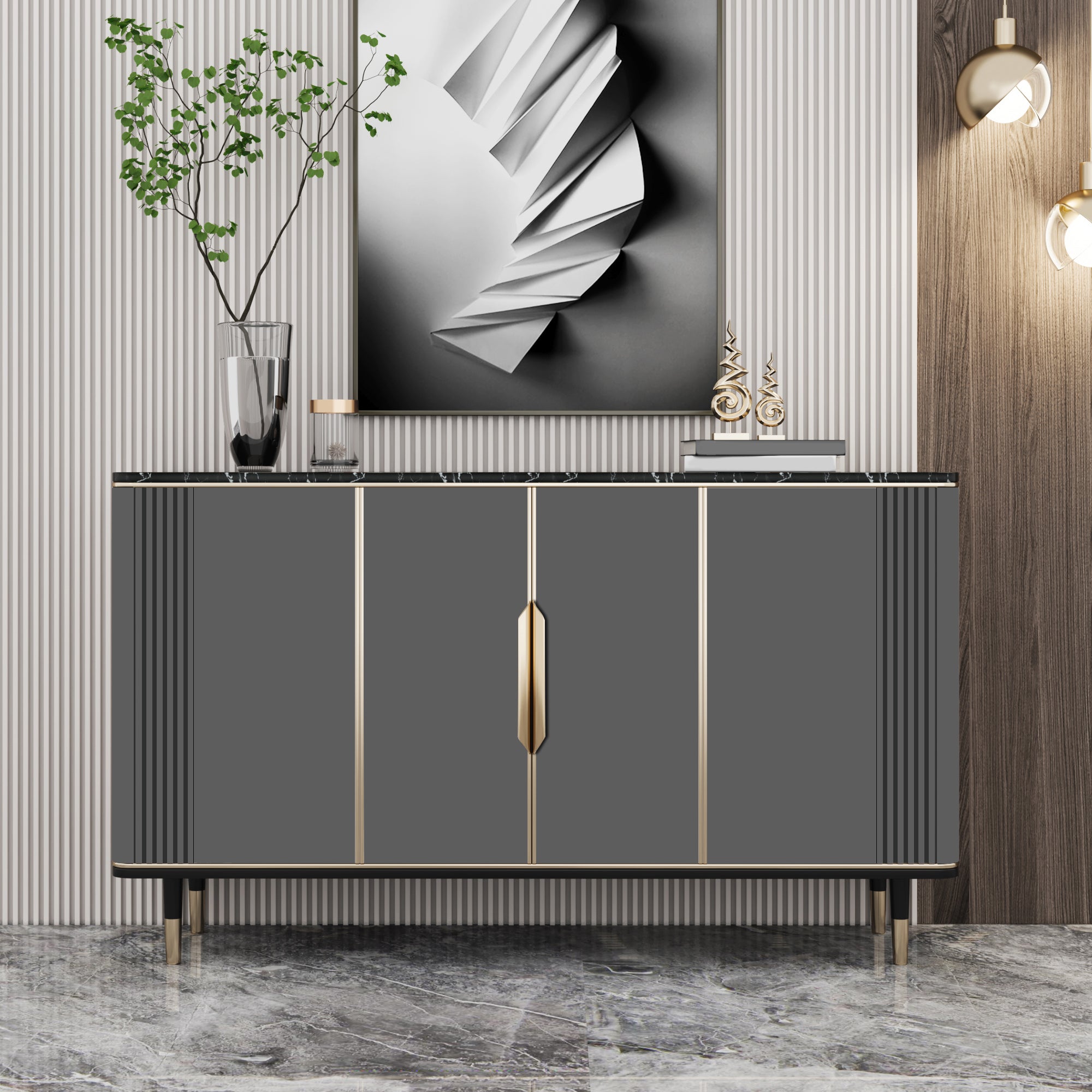 Glam Dining Server Marble Buffet Server with Doors for Living Room