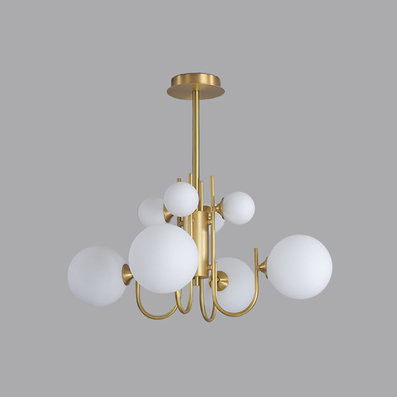 Frosted White Glass Sphere Pendant Light Designer 8 Heads Hanging Chandelier in Brass