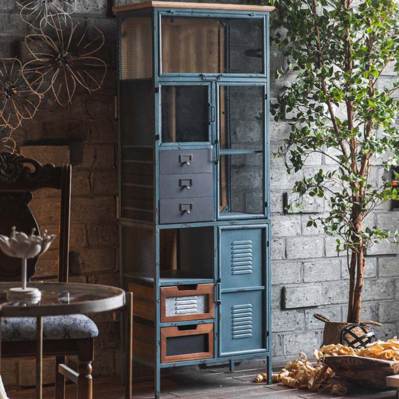 Glass Paned Industrial Cabinet Distressed Metal Accent Cabinet