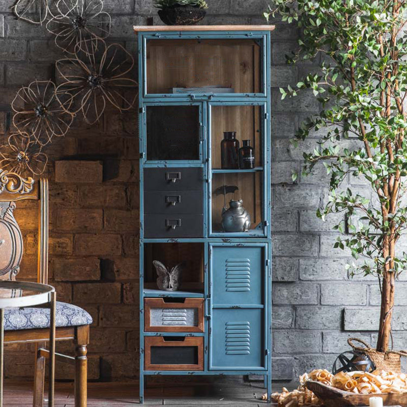 Glass Paned Industrial Cabinet Distressed Metal Accent Cabinet