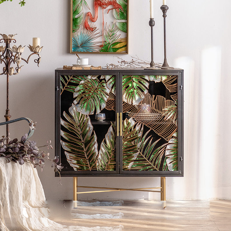 Glass Paned Industrial Cabinet Distressed Metal Accent Cabinet