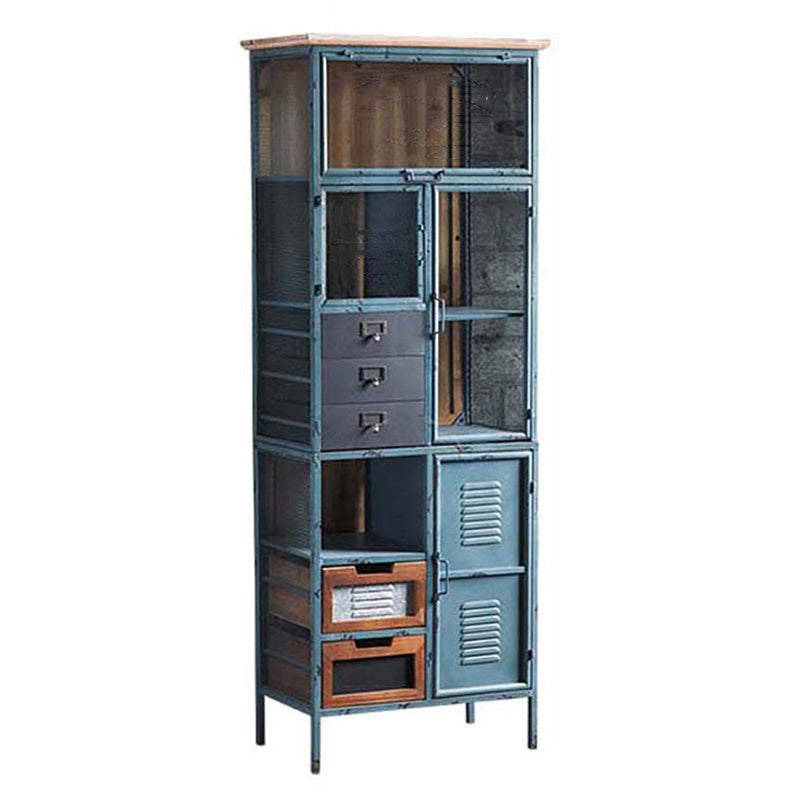 Glass Paned Industrial Cabinet Distressed Metal Accent Cabinet