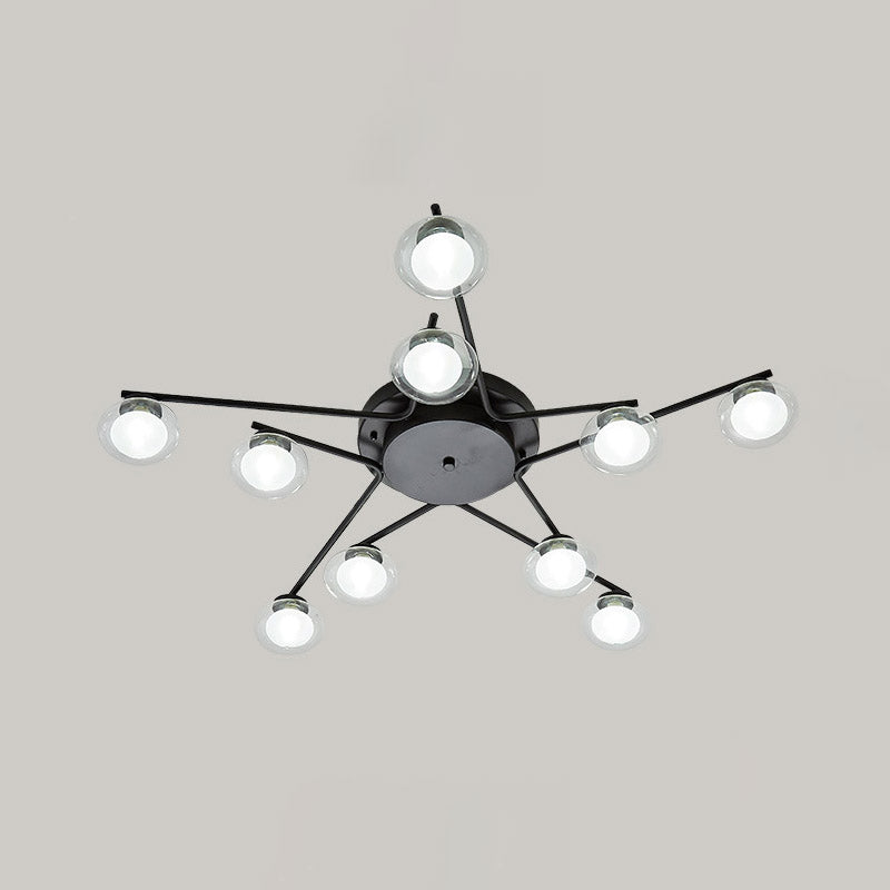 Black Pentagram Ceiling Flush Kids 10 Heads Iron Semi Mount Lighting with Dual Ball Glass Shade