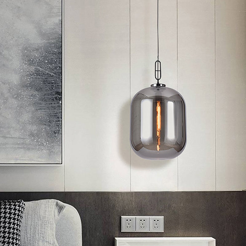 Industrial Oblong Ceiling Light 1 Head 10"/14" Wide Smoke Gray/Cognac Glass Suspension Pendant Lamp