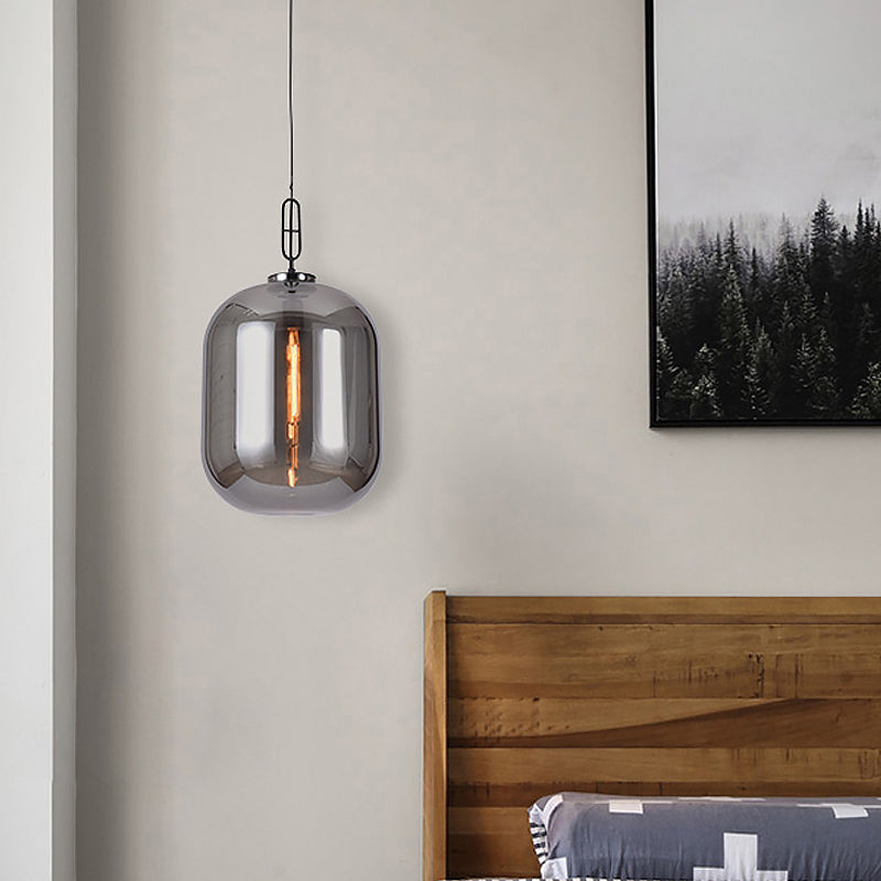 Industrial Oblong Ceiling Light 1 Head 10"/14" Wide Smoke Gray/Cognac Glass Suspension Pendant Lamp