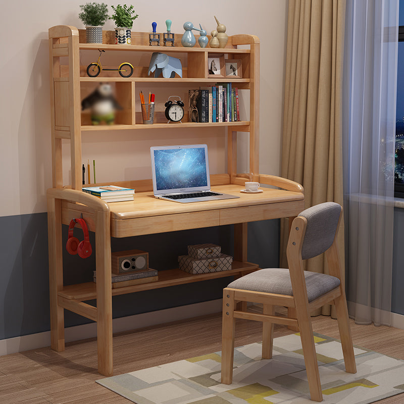 Contemporary Solid Wood Student Table with Storage Shelves and 2 Drawers