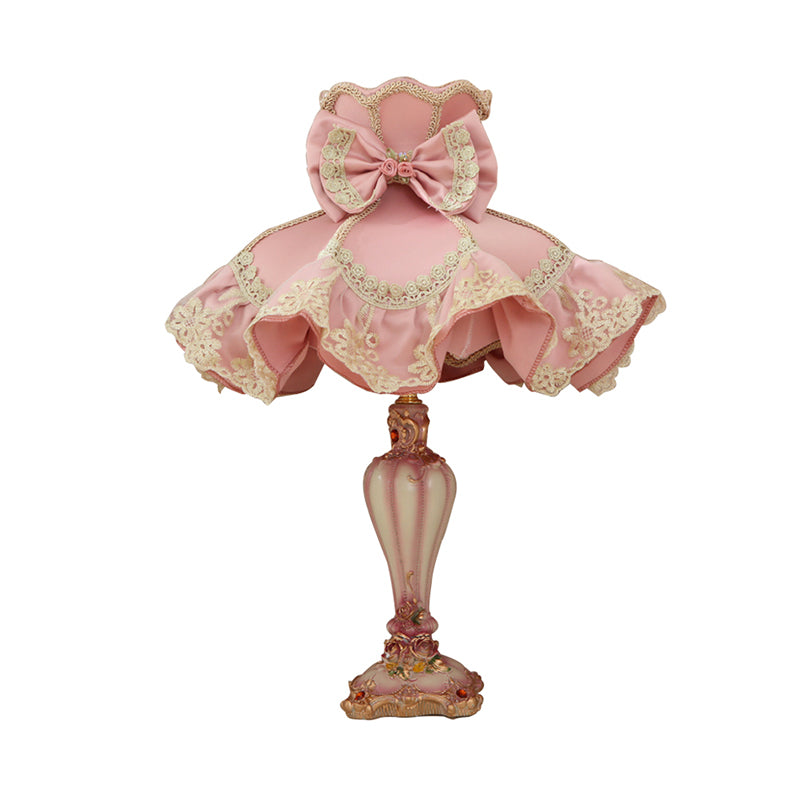 Pink Court Dress Nightstand Lamp Kids 1 Bulb Fabric Table Lighting with Lace Frill