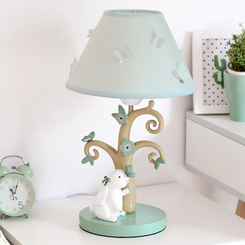 Cone Shade Fabric Nightstand Light Cartoon 1 Head Blue Table Lamp with Tree Base and Rabbit Decor