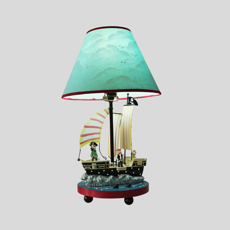 Pirate Sailboat Boy's Bedside Table Lamp Resin 1 Light Kids Nightstand Light with Conical Shade in Blue