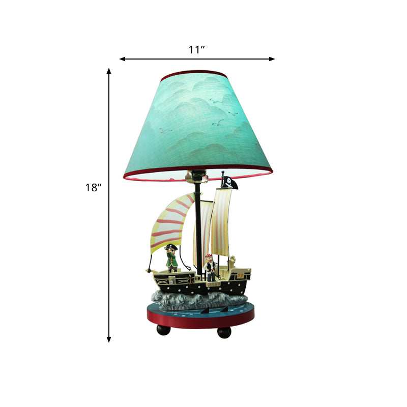 Pirate Sailboat Boy's Bedside Table Lamp Resin 1 Light Kids Nightstand Light with Conical Shade in Blue