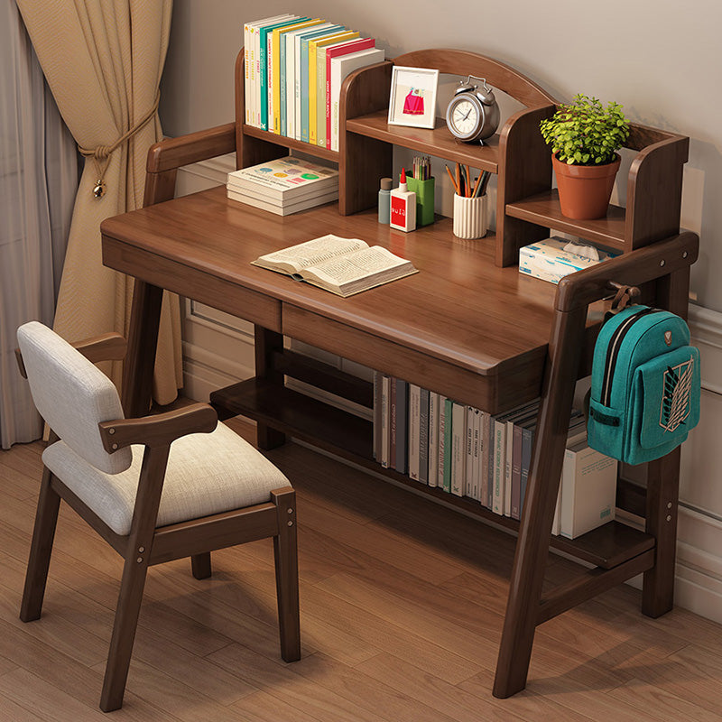 Solid Wood Kids Desk Writing Desk with 2 Drawers and 3 Shelves Set Bedroom