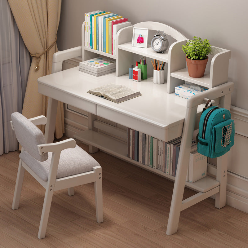 Solid Wood Kids Desk Writing Desk with 2 Drawers and 3 Shelves Set Bedroom