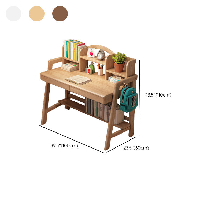 Solid Wood Kids Desk Writing Desk with 2 Drawers and 3 Shelves Set Bedroom