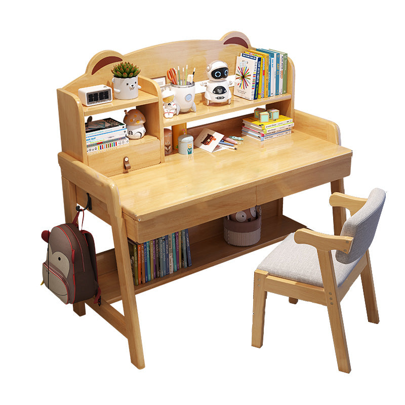 Adjustable Kids Desks and Chair Set with Hutch 2 Drawers Solid Wood Child Writing Desks